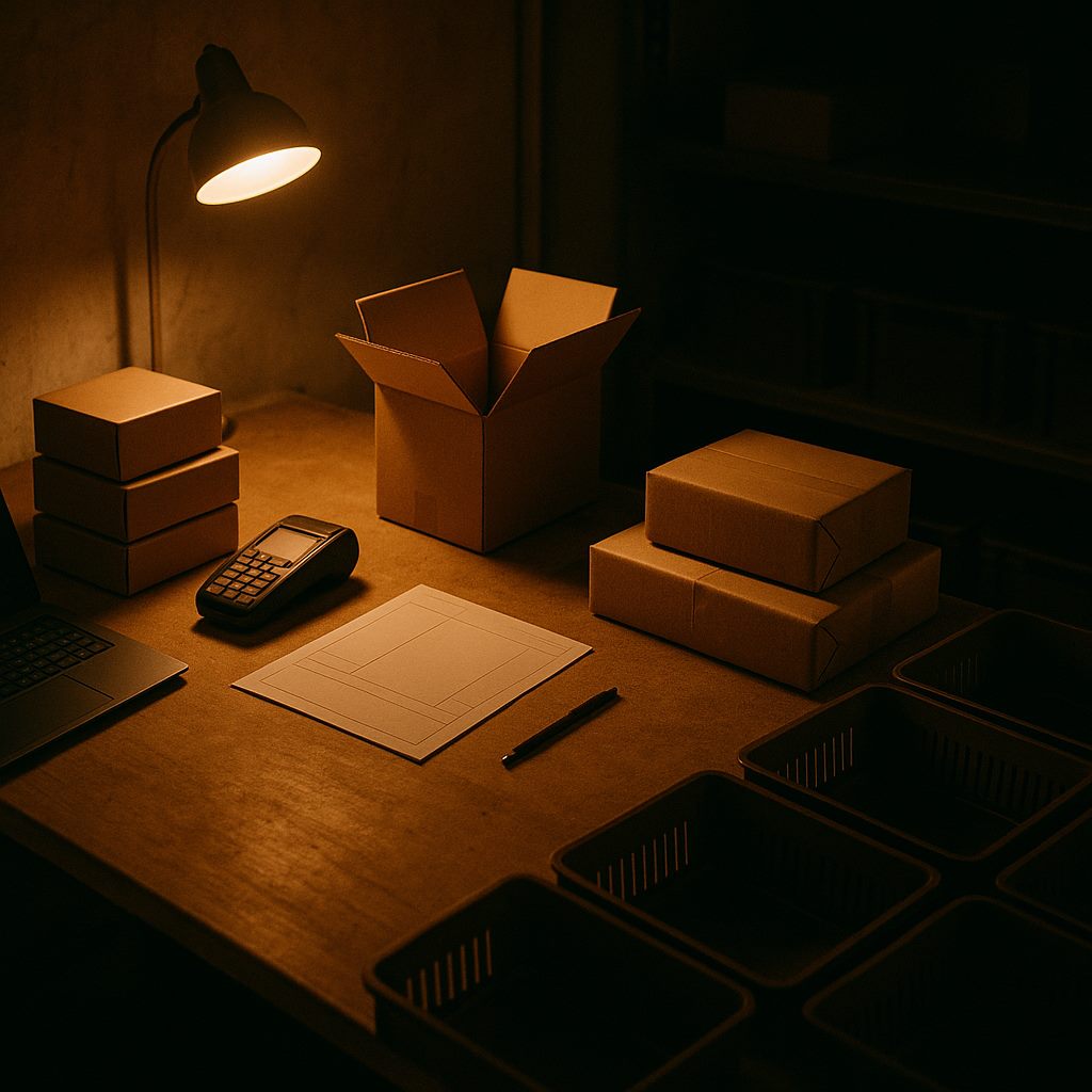 E-ticaret sürecini temsil eden ürün kutuları, ödeme cihazı, fatura kağıtları ve kargo paketleri
