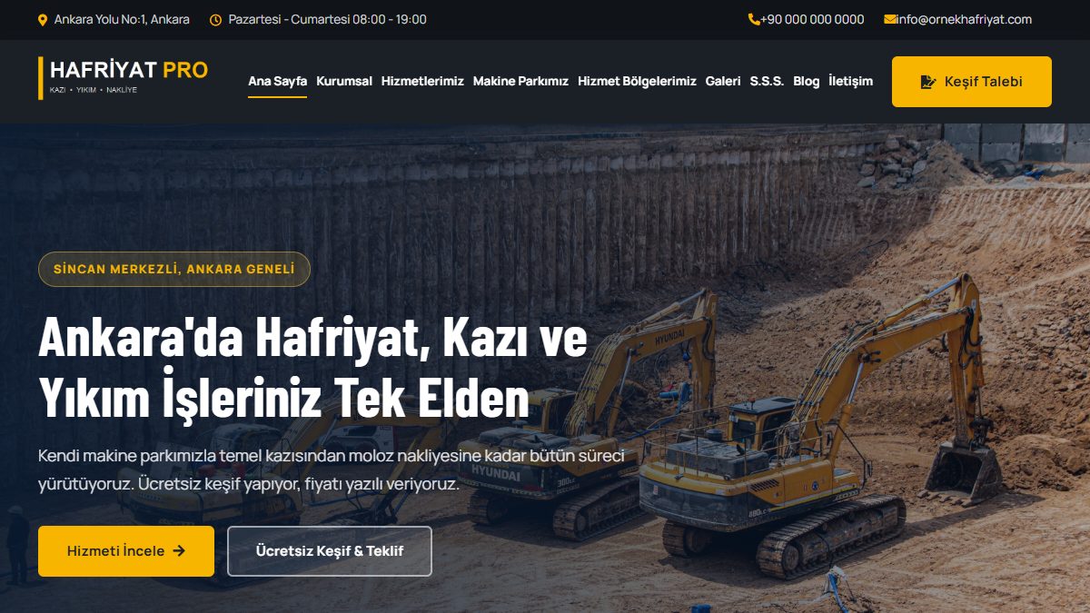 Hafriyat Pro — Kazı, Yıkım ve Moloz Nakliyesi Teması